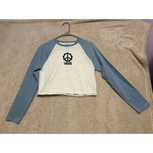 Vans Peace Sign Long Sleeve Crop Raglan Tee White Blue Size Medium